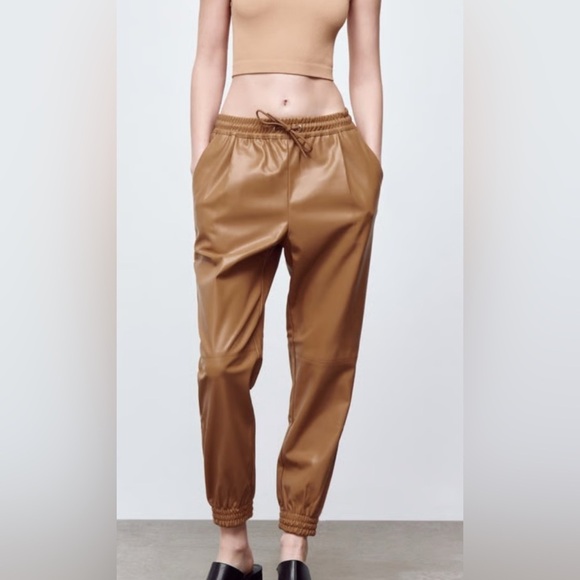 Zara Pants - Zara Brown Faux Leather Joggers